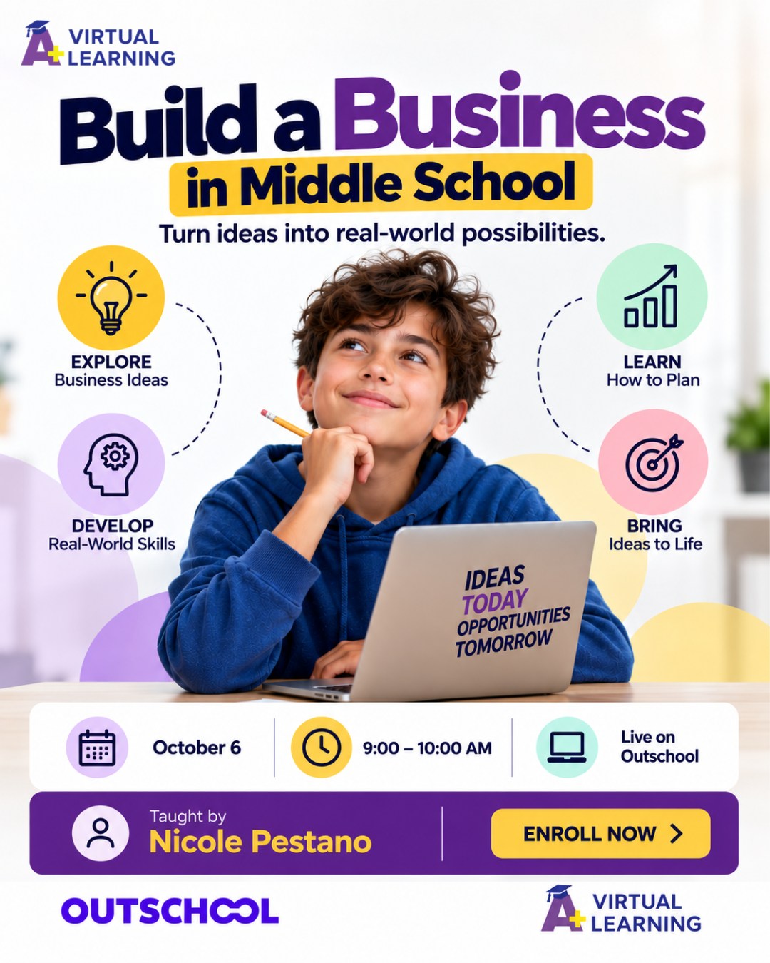 A+ Virtual Learning Facebook ad: Big ideas can start early-and so can big…