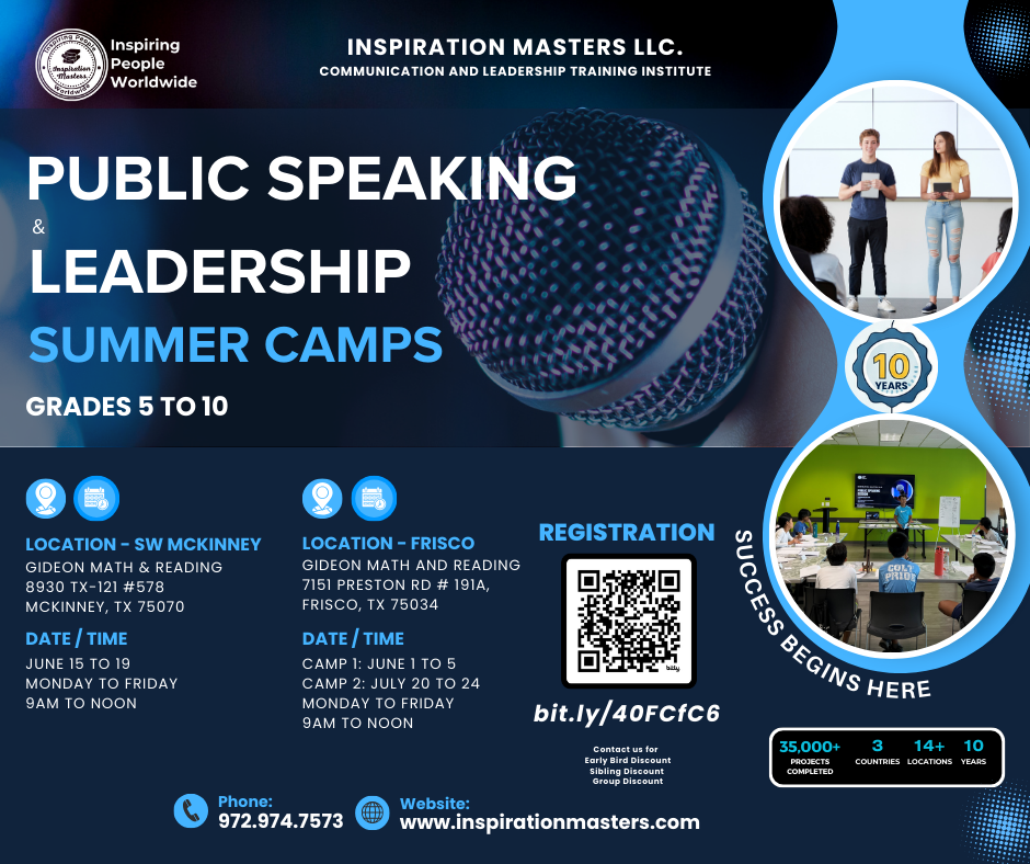 Inspiration Masters LLC Facebook ad: Public Speaking and Leadership Summer Camps in Frisco…