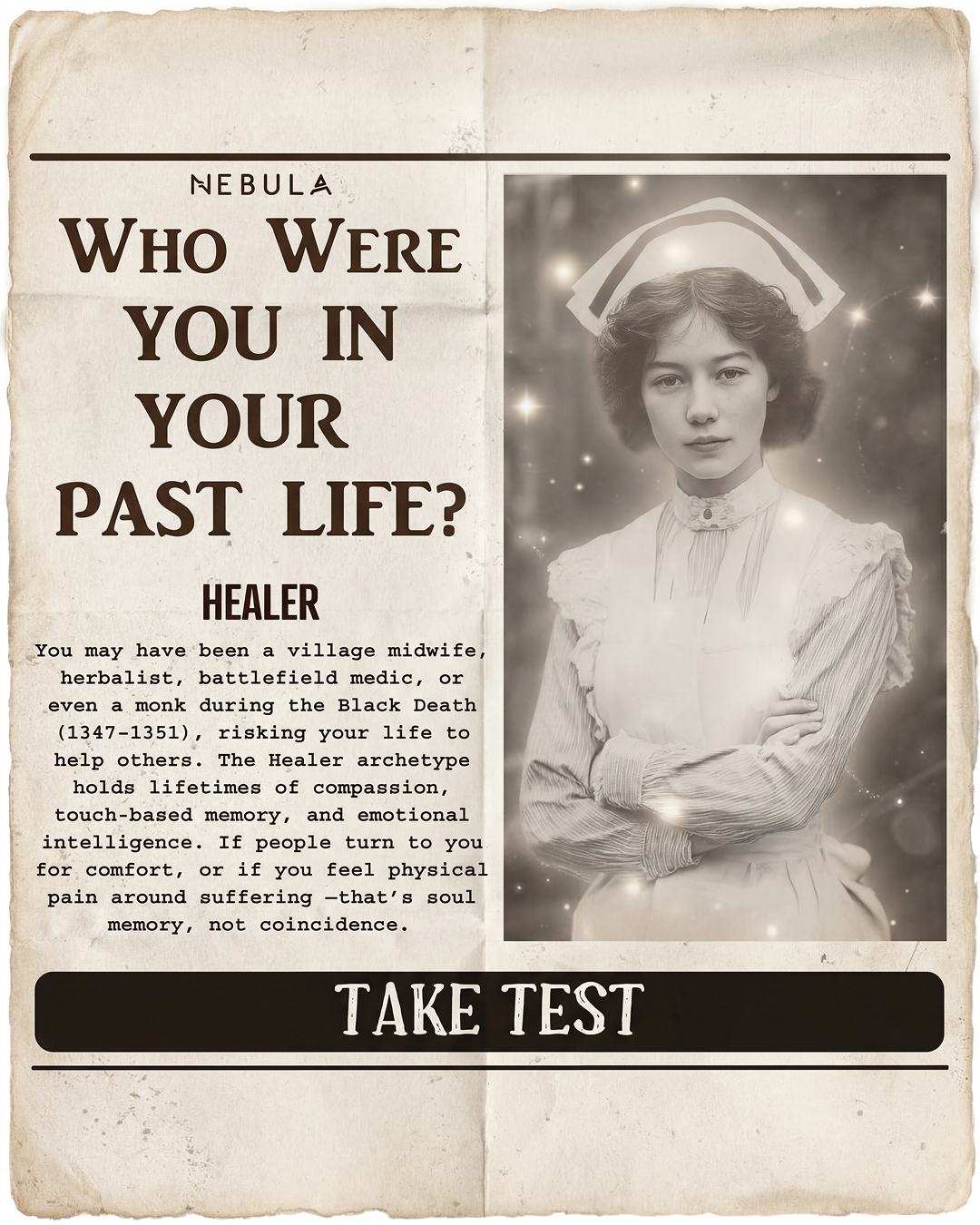 Nebula: Past Life Power Reading Facebook ad: Start quiz to know