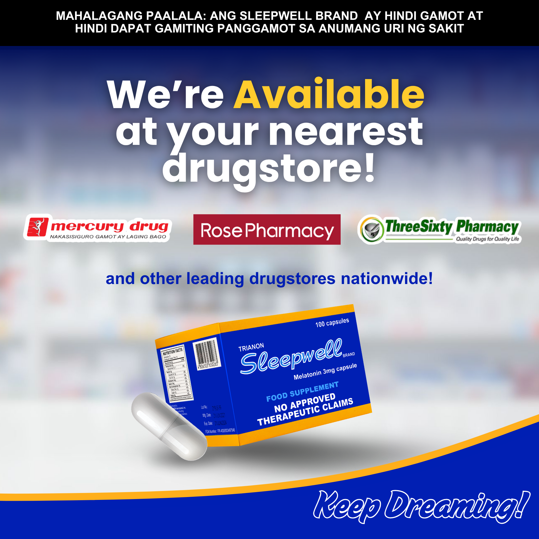 Sleepwell - Melatonin Supplement Facebook ad: Sleepwell Melatonin 3mg is available nationwide!