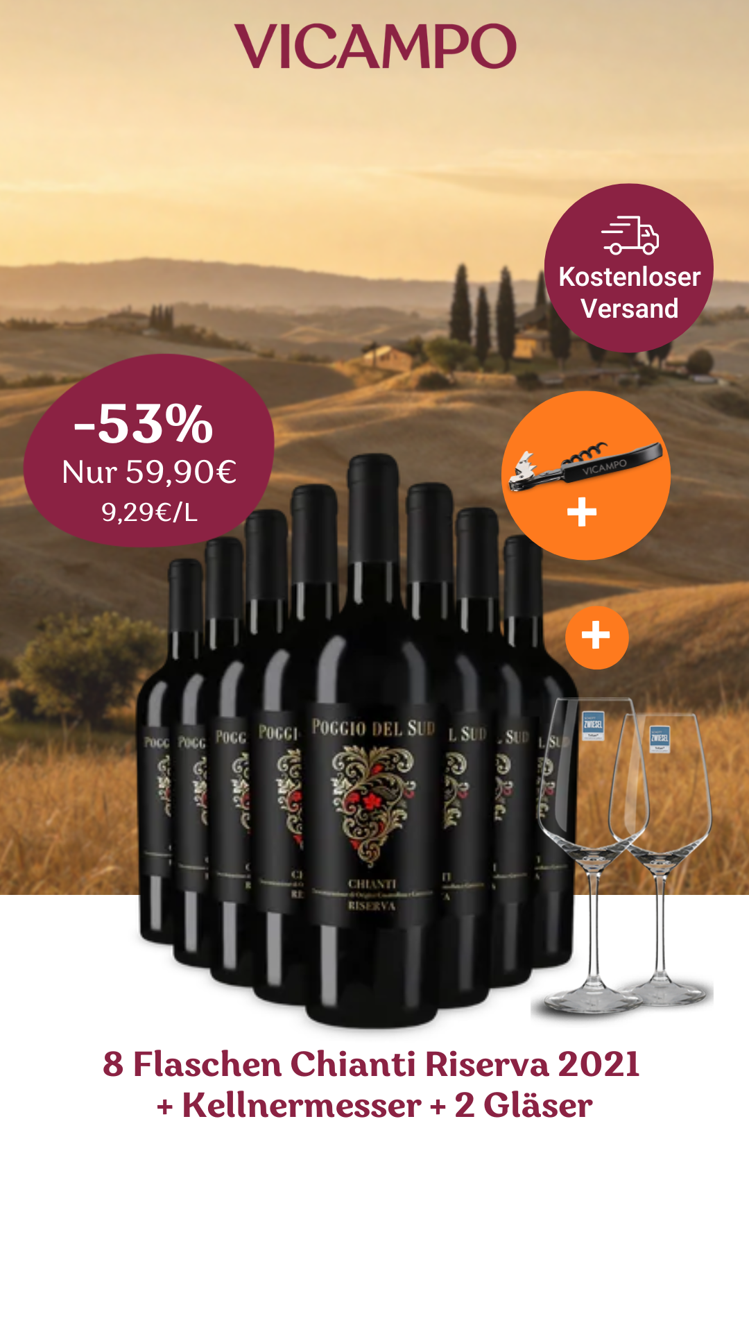 Vicampo Facebook ad: Chianti-Paket: 8 Flaschen Chianti Riserva Paket mit 2…
