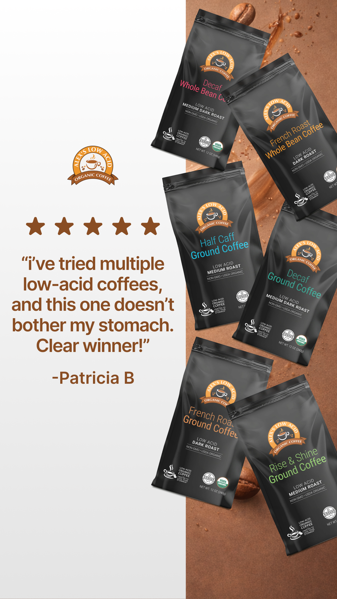 Alex's Low-Acid Organic Coffee Facebook ad