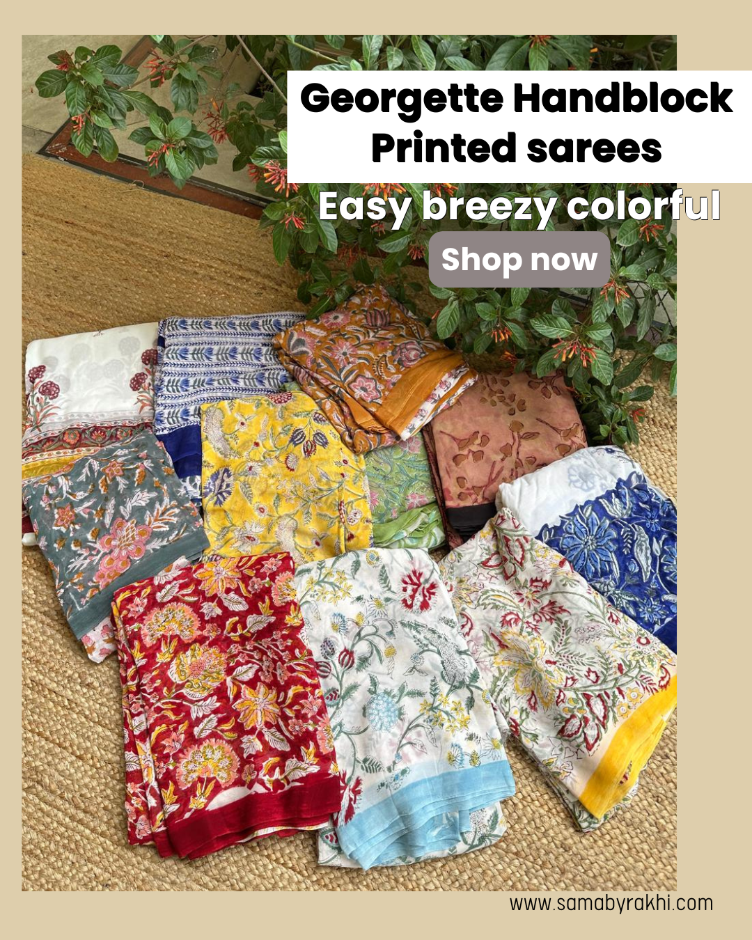SAMA by Rakhi Facebook ad: Georgette Handblock Sarees on Sale!