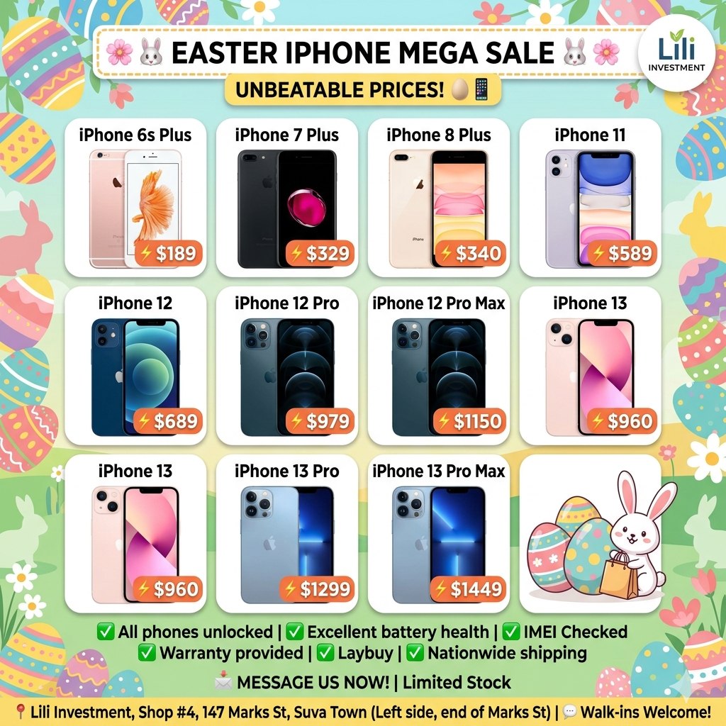 LiLi Investment Facebook ad: Easter iPhone Mega Sale, Unbeatable Prices!