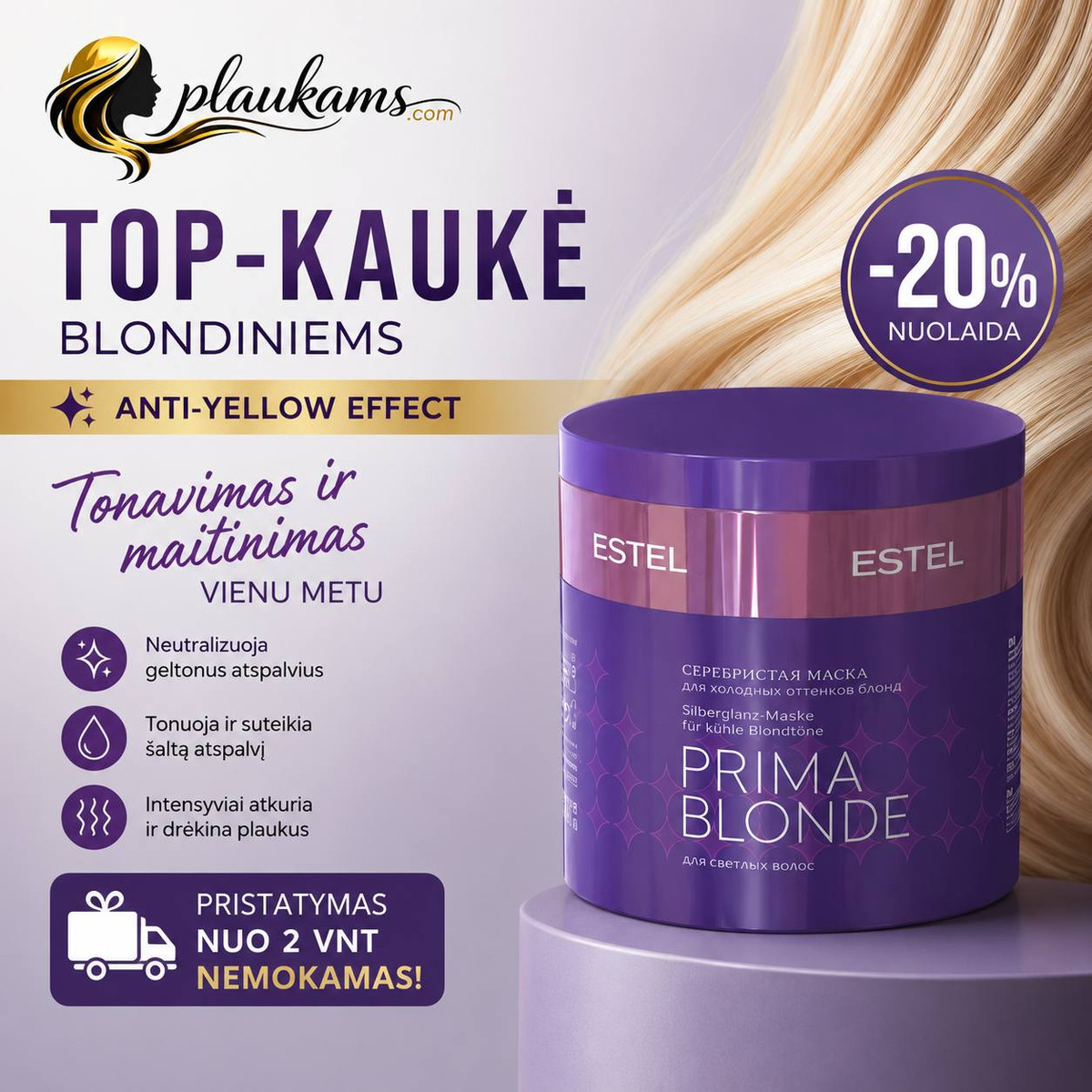 PlaukamsCom Facebook ad: Estel PrimaBlonde Sidabrinė kaukė 300ml