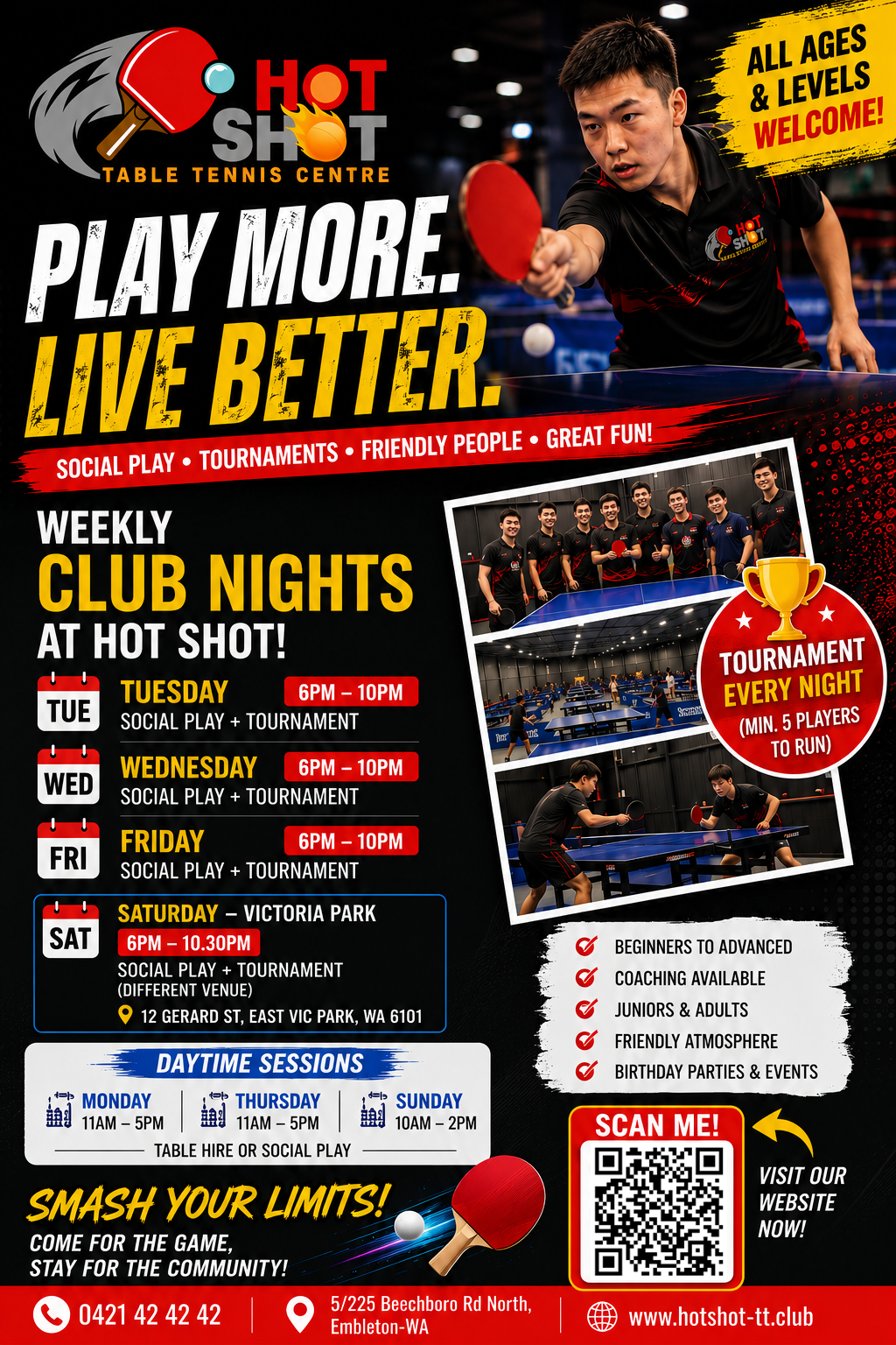 Perth Hot Shot Table Tennis Centre Facebook ad: Weekly Table Tennis Club Nights