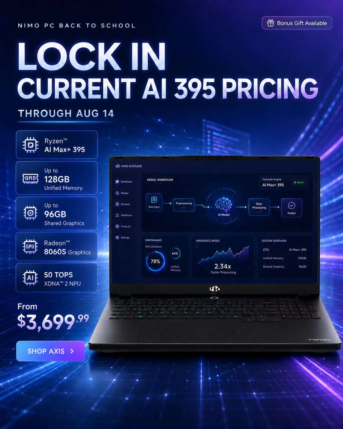 NIMO PC Facebook ad: Current AI 395 Pricing Through Aug 14