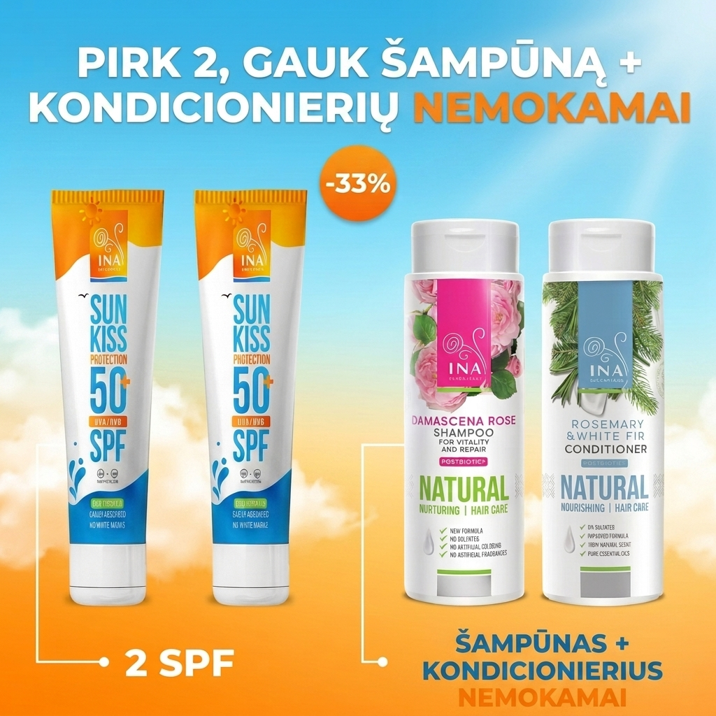 Šeimos Organinė Kosmetika - InaEssentials.lt Facebook ad: Pirk 2 SPF 50+ ir gauk sampuna bei balzama dovanu