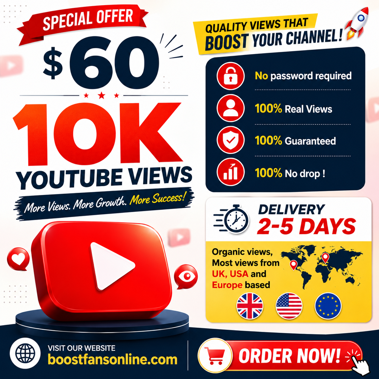 Boost Fans online Facebook ad: 10K Real YouTube Views, Only $60!