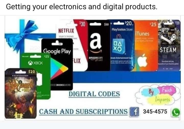 By Faith Imports Facebook ad: All codes and gift cards are available.