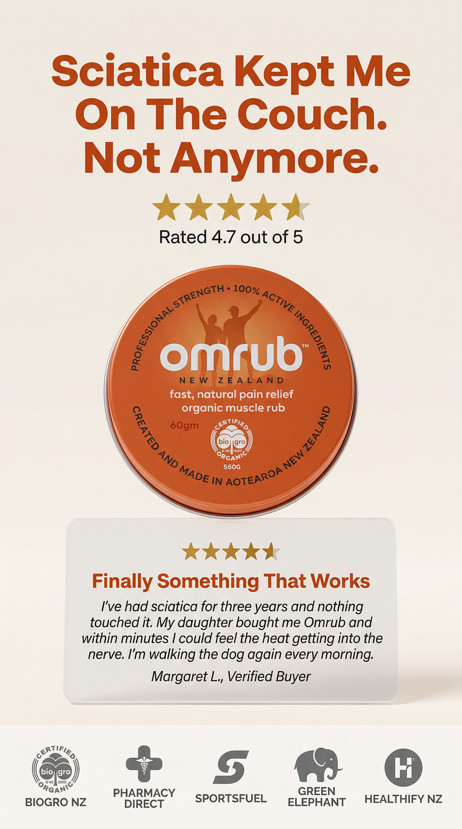 Omrub - Organic Muscle Rub Facebook ad: Stop Sciatica Pain at the Source