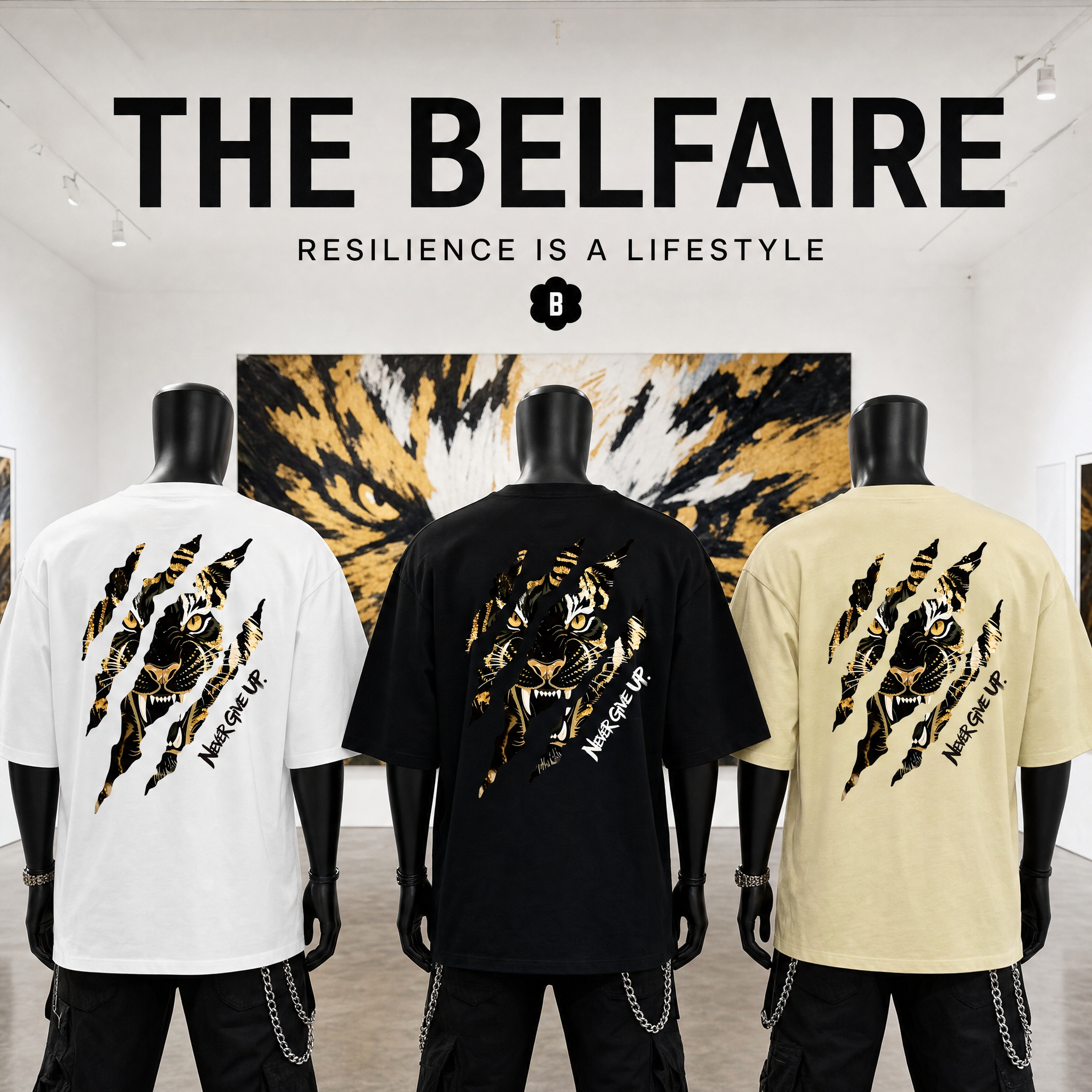 The Belfaire Facebook ad: Never Give Up Oversized Tee