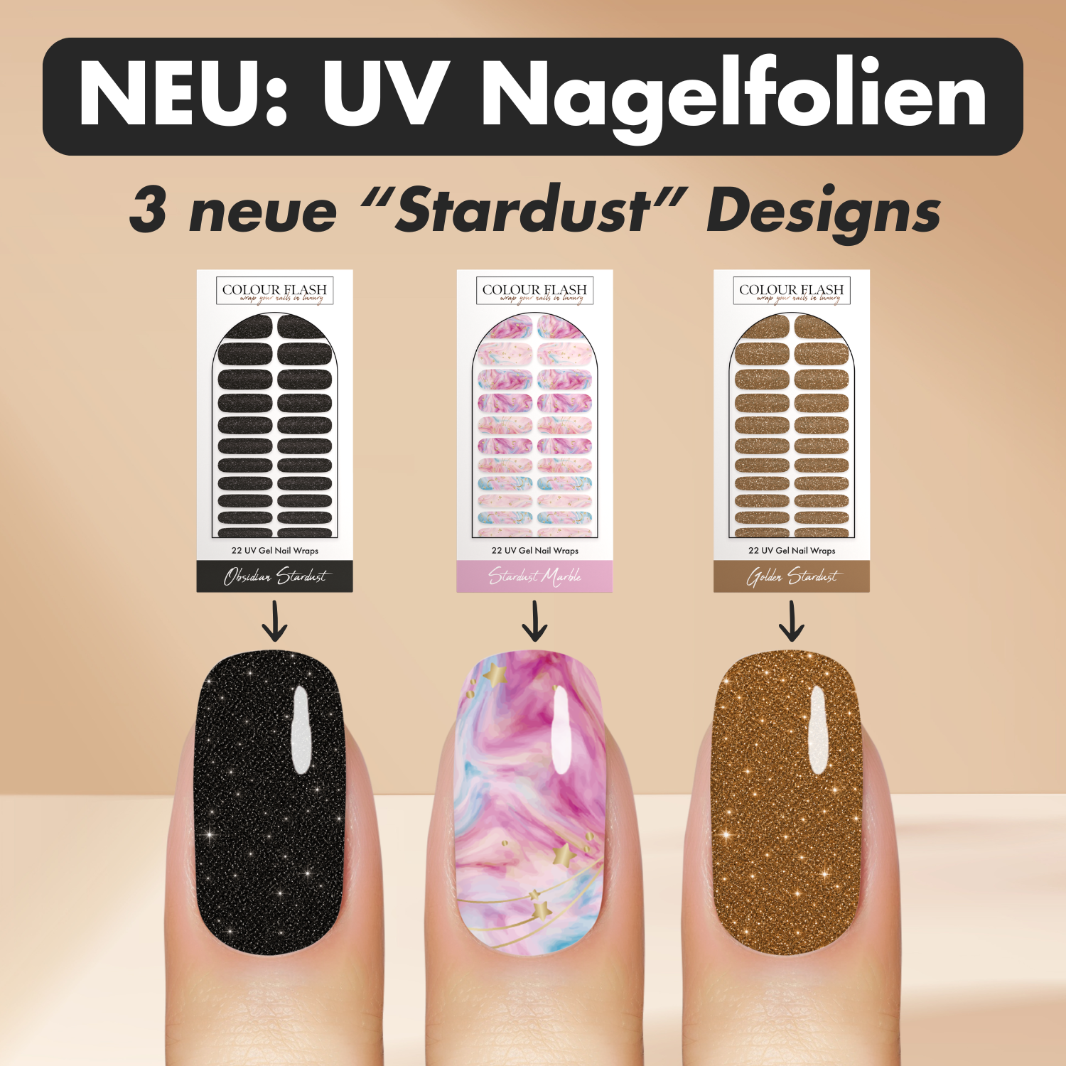 Colour Flash Facebook ad: 3 Neue Stardust UV Nagelfolien Designs bei Colour Flash