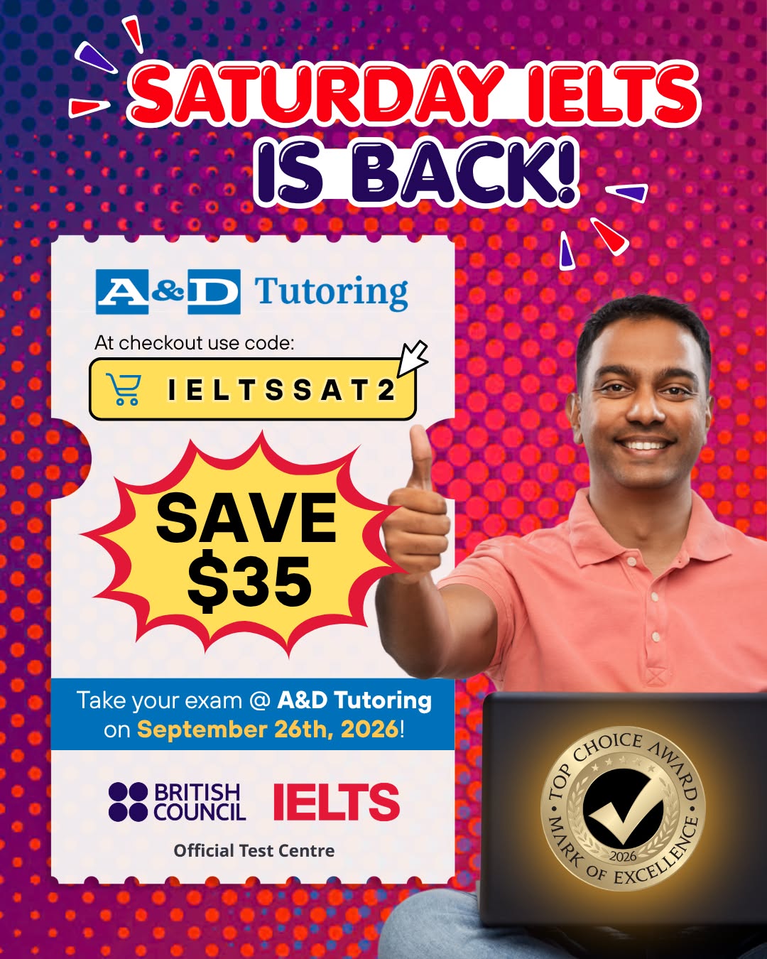 A&D Tutoring Facebook ad: Save $35 on IELTS at A&D