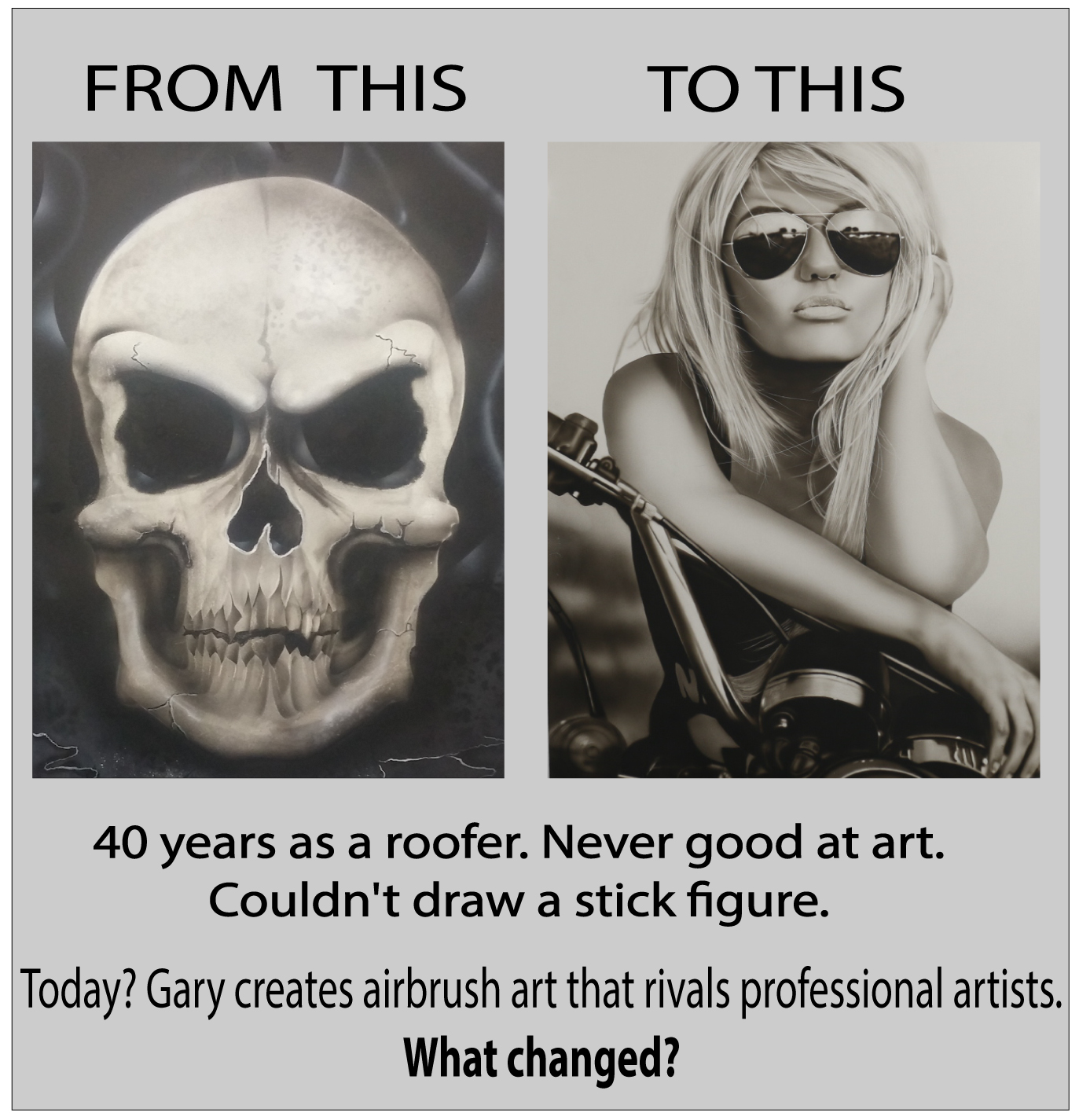 Airbrush Mastery Facebook ad: 40 years as a roofer.