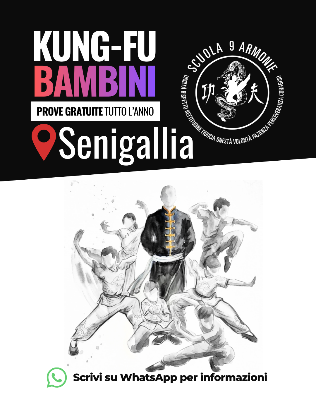 Scuola 9 Armonie Facebook ad: Corsi Kung-Fu Bambini a Senigallia