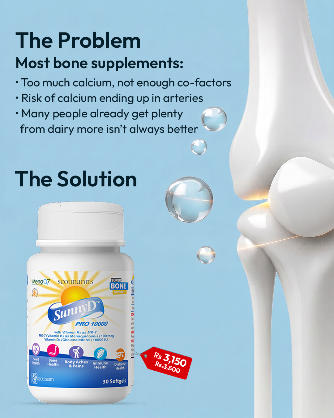 Scotmann's SunnyD Facebook ad: Strong Bones. Less Pain. One Softgel Daily.