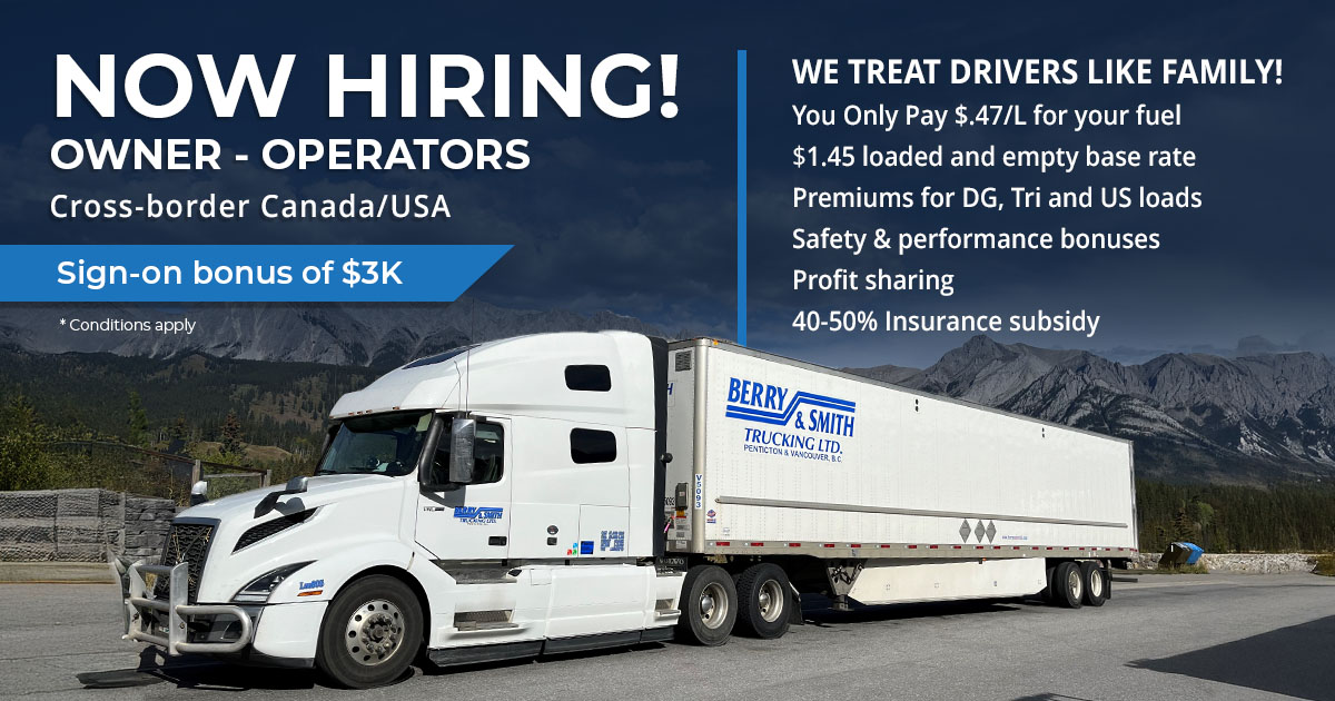 Berry and Smith Trucking Facebook ad: Now hiring owner operators cross-border CANADA/USA!