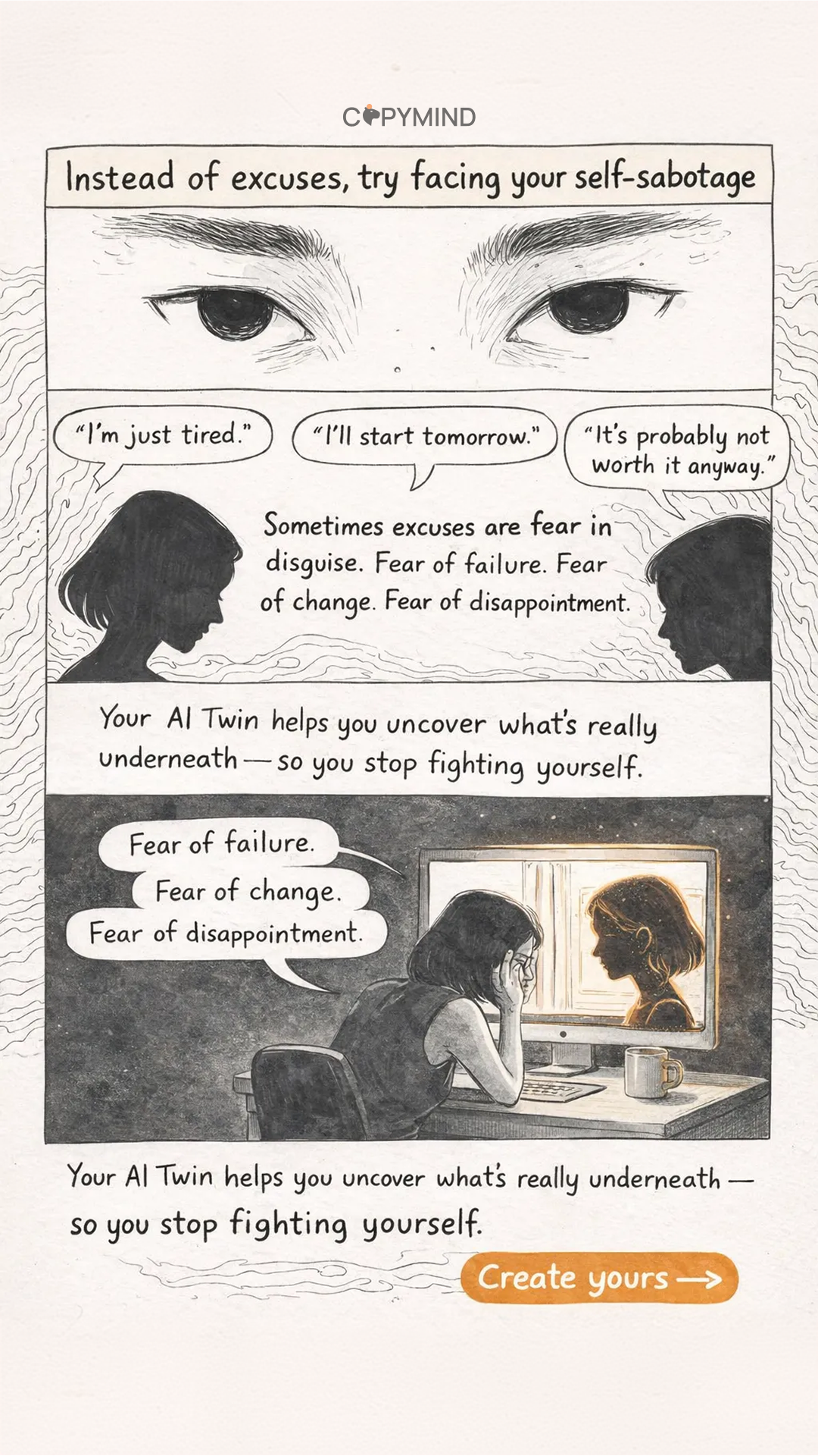 AI Mind Healing Facebook ad: Try the Copymind app today!