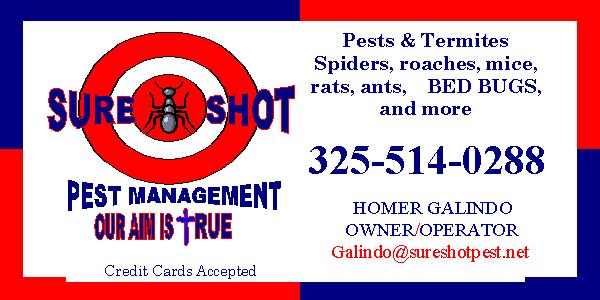 Sure Shot Pest Management Facebook ad: Please call us @ 325-514-0288 for all your…