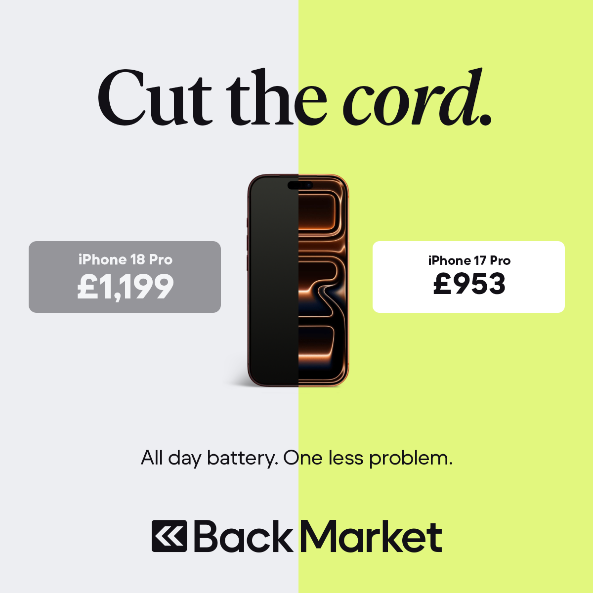Back Market Facebook ad: 100 Battery. 0 Problems.