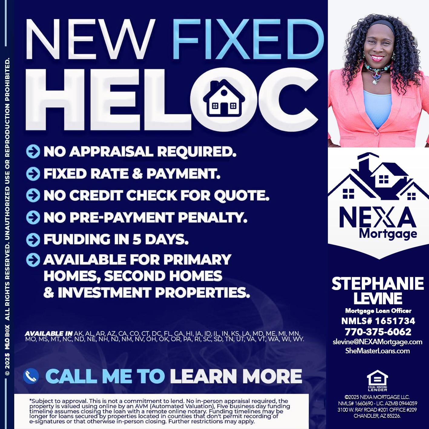 Stephanie A. Levine Empowered By NEXA Mortgage Facebook ad: Homeowners! Get in 5 days. Get Approved in 5 MInutes!