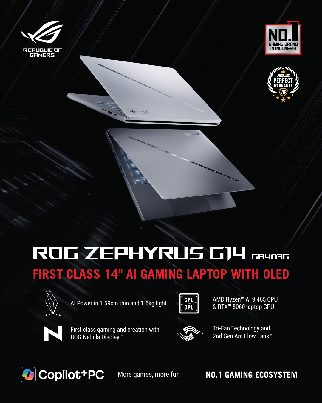 ASUS Republic of Gamers Facebook ad: Welcome ROG Zephyrus G14 (GA403GM), First Class 14…