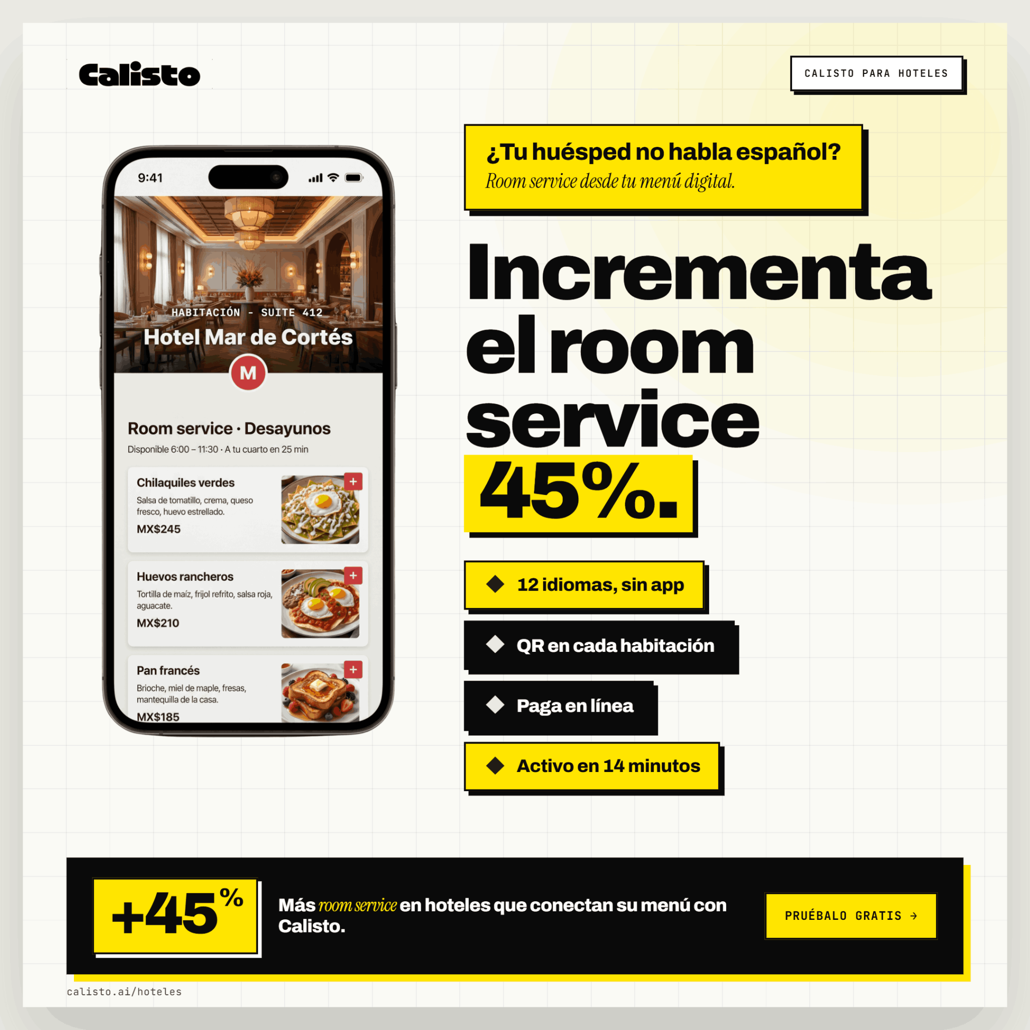 Calisto menu digital Facebook ad: Tu hotel puede estar listo o seguir perdiendo huéspedes…
