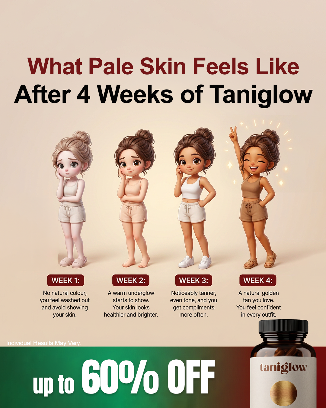 Taniglow Facebook ad: Golden Tan Without the Sun