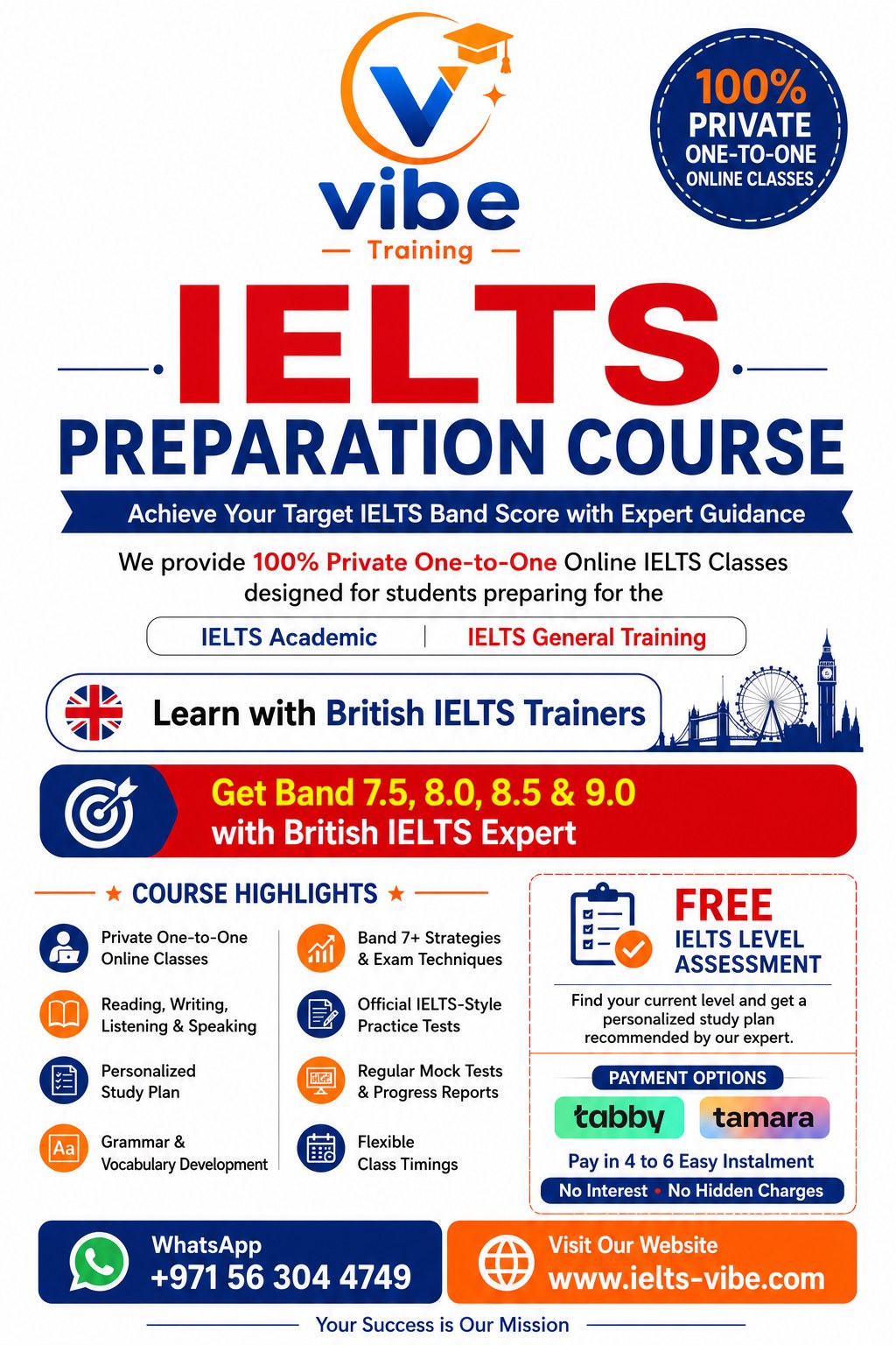 Vibe Training Facebook ad: IELTS Preparation Course, Private One-to-One Online Classes