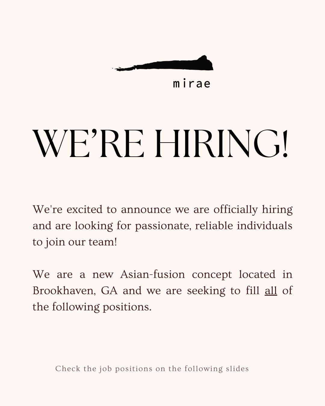 miraeatl Facebook ad: We are hiring all of the following roles!