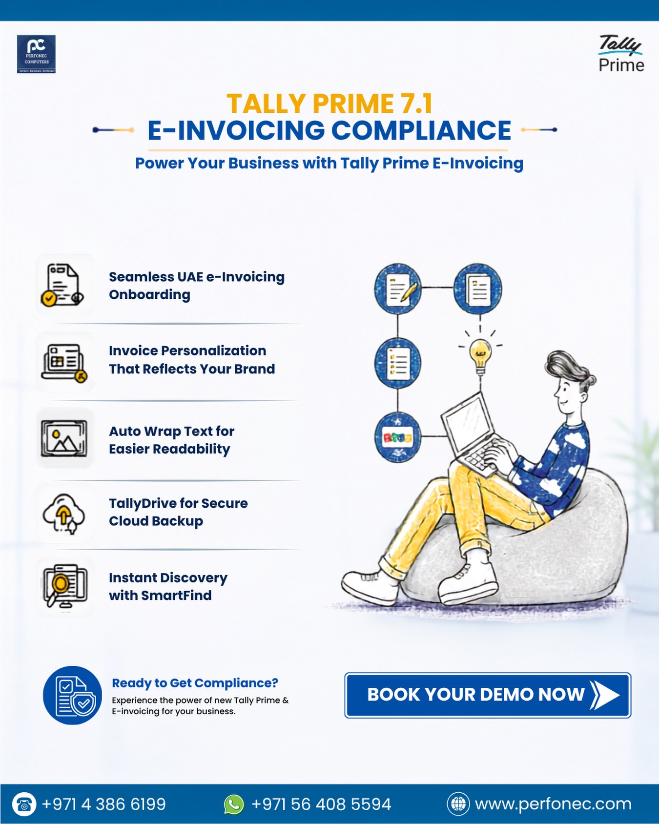 Perfonec Computers LLC Facebook ad: Stay Compliant with Tally Prime 7.1 E-Invoicing!