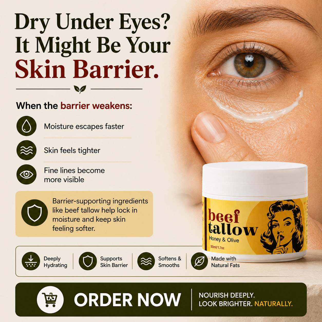 Premium Beef Tallow Facebook ad: Dry Under Eyes? The Problem Might Not Be Your…