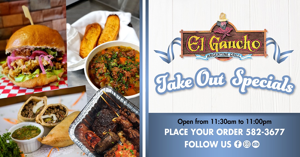 El Gaucho Restaurant Aruba Facebook ad: Our NEW takeout menu is available and filled…