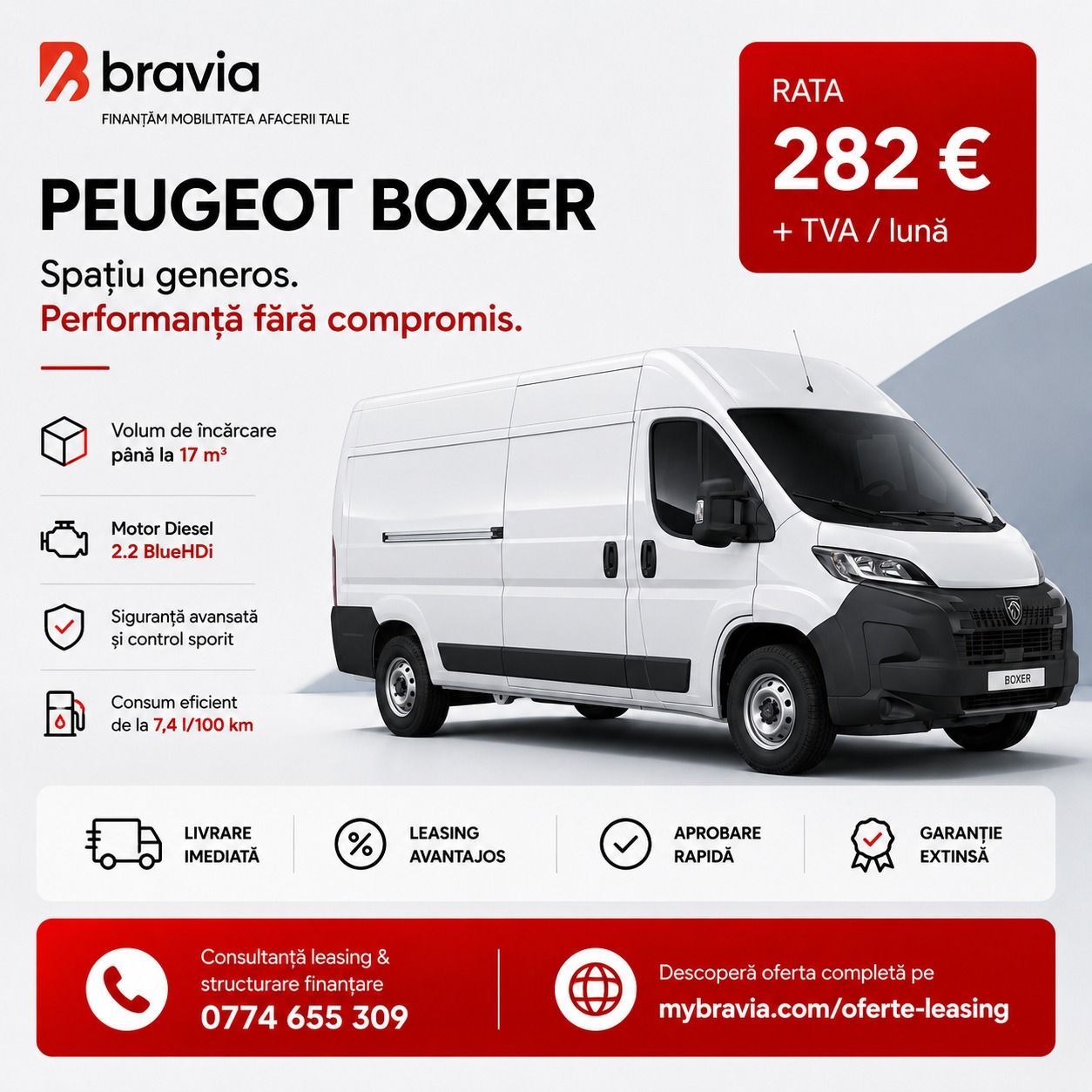 Bravia. Leasing ieftin si bun Facebook ad: PEUGEOT BOXER FURGON 3.5T HEAVY L3H2, 140 CP…