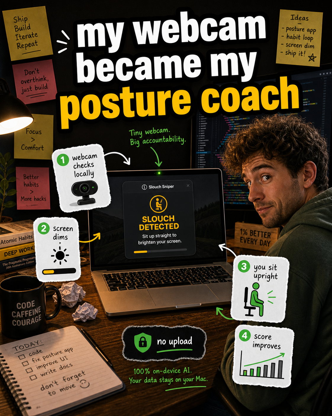 Slouch Sniper Facebook ad: My webcam became my posture coach