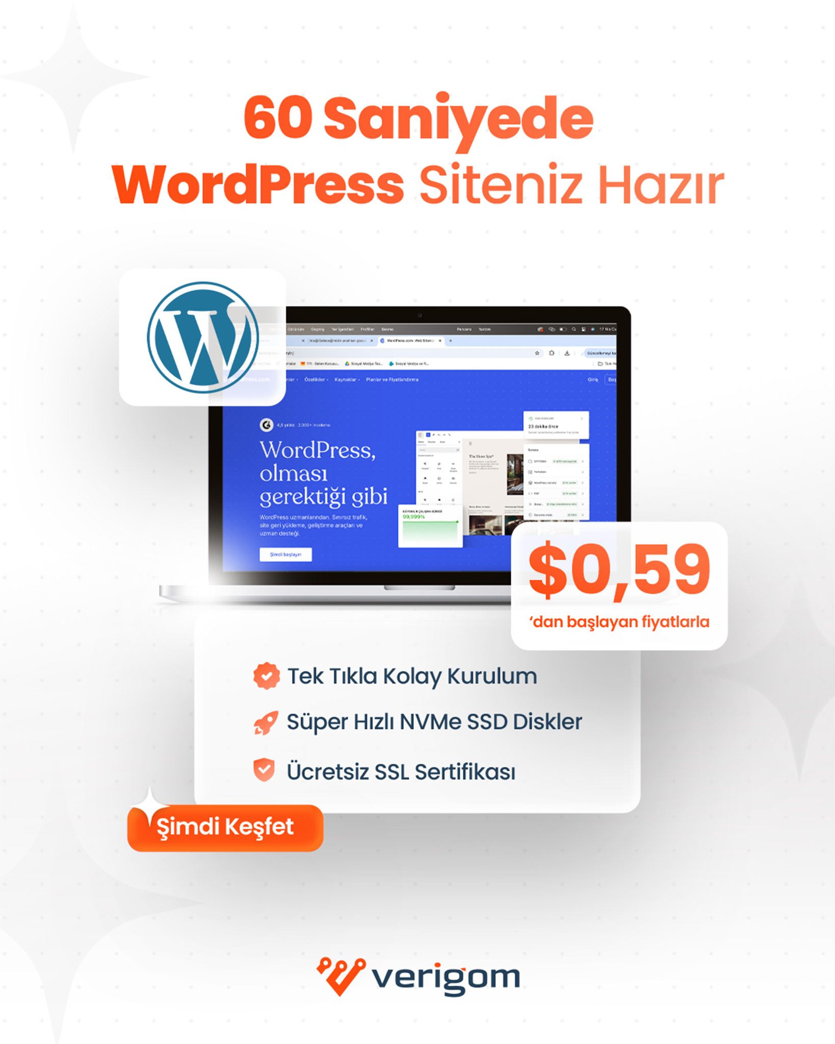 Verigom Facebook ad: WordPress Hosting - 2,18$'a WP Hosting Satın Al!