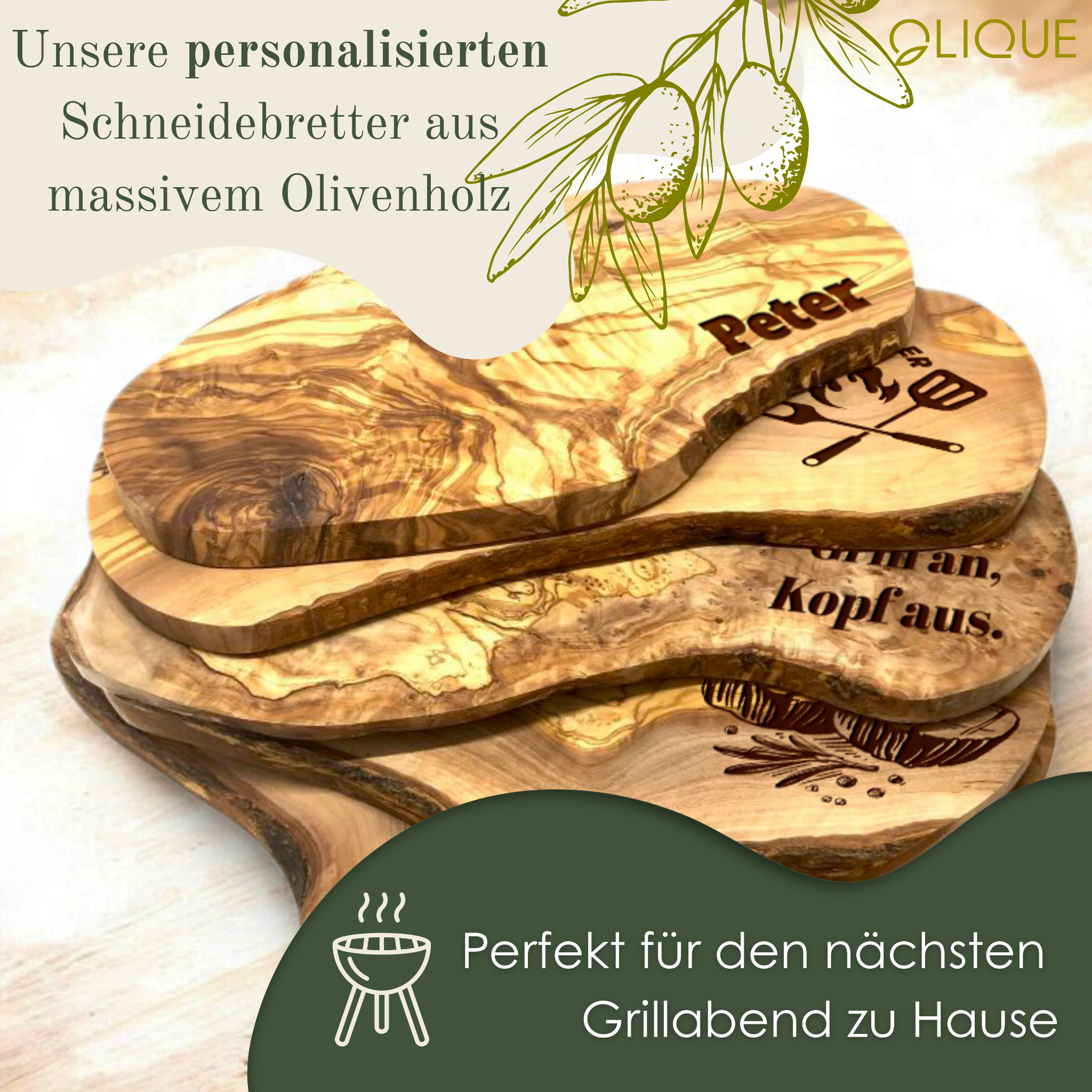 Olique.de Facebook ad: Personalisiertes Geschenk aus Olivenholz