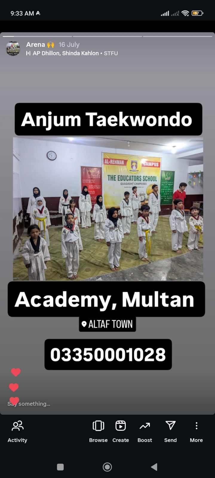 Anjum Taekwondo Academy Facebook ad from Mar 23, 2026