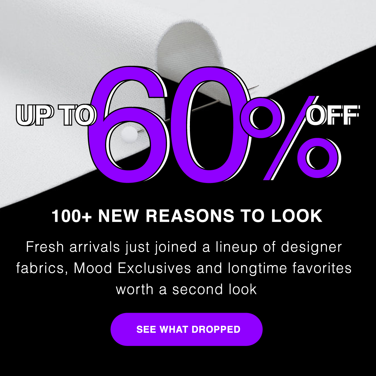 Mood Designer Fabrics Facebook ad: Up To 60% Off