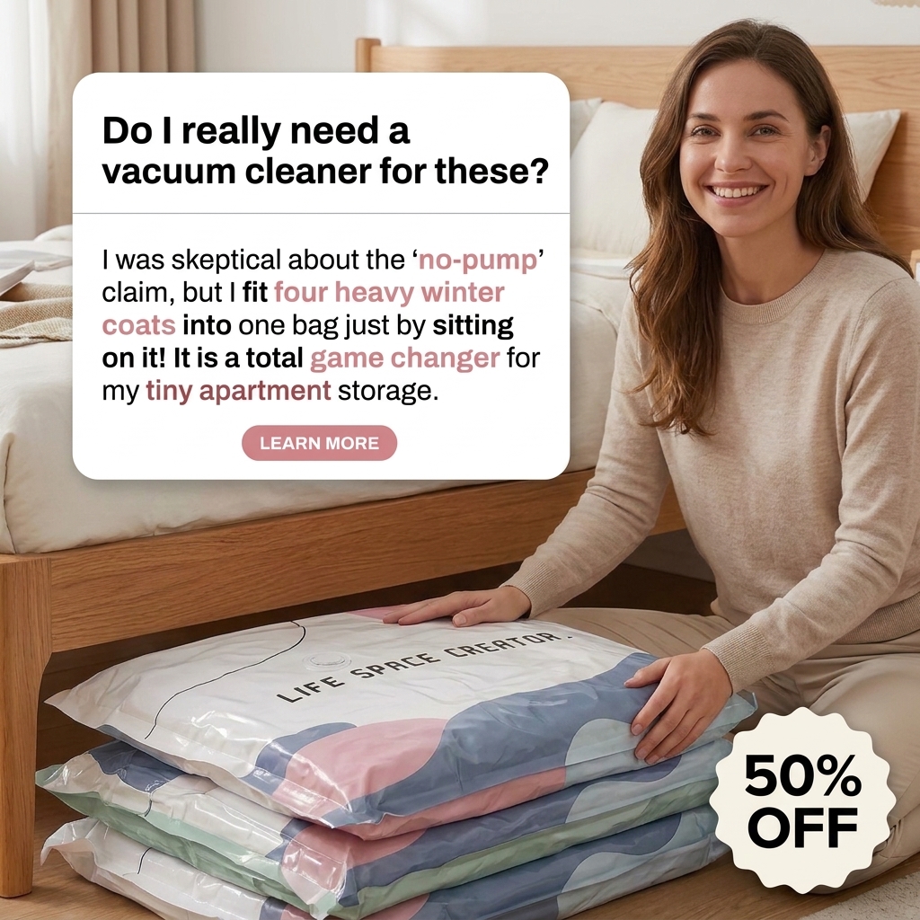 Rowgins3 Facebook ad: No-Pump Vacuum Storage Compression Bags