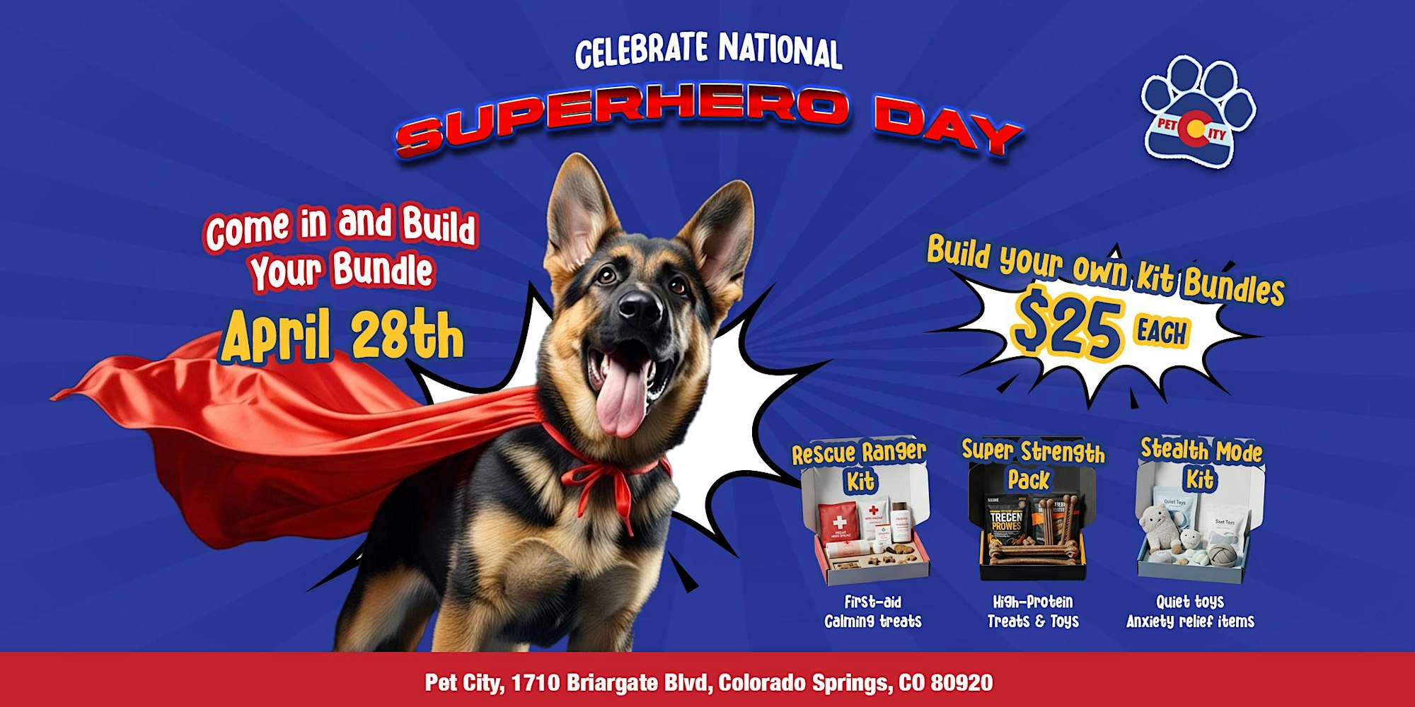 Pet City Colorado Facebook ad: Superhero Day at Pet City, Build Your Own Puppy Kit