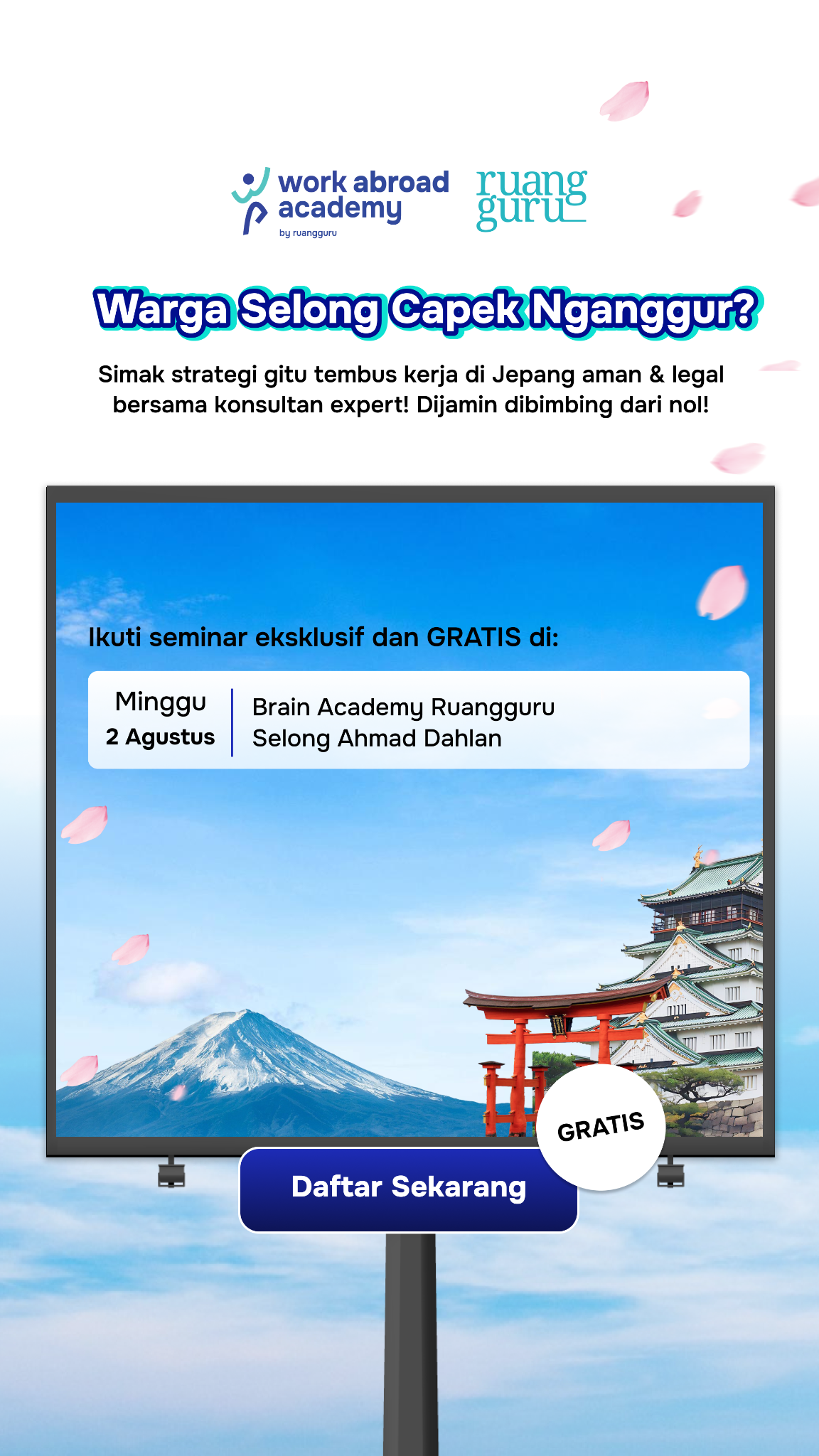 Work Abroad Academy Facebook ad: Seminar Gratis Kerja ke Jepang LPK Legal & Aman!