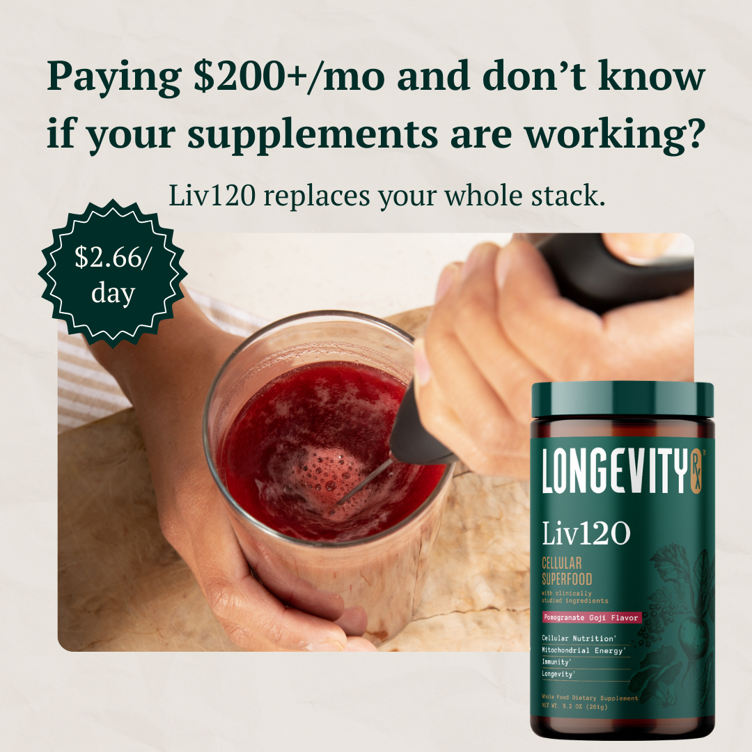 Longevityrxofficial Facebook ad: Replace 6+ bottles with one scoop