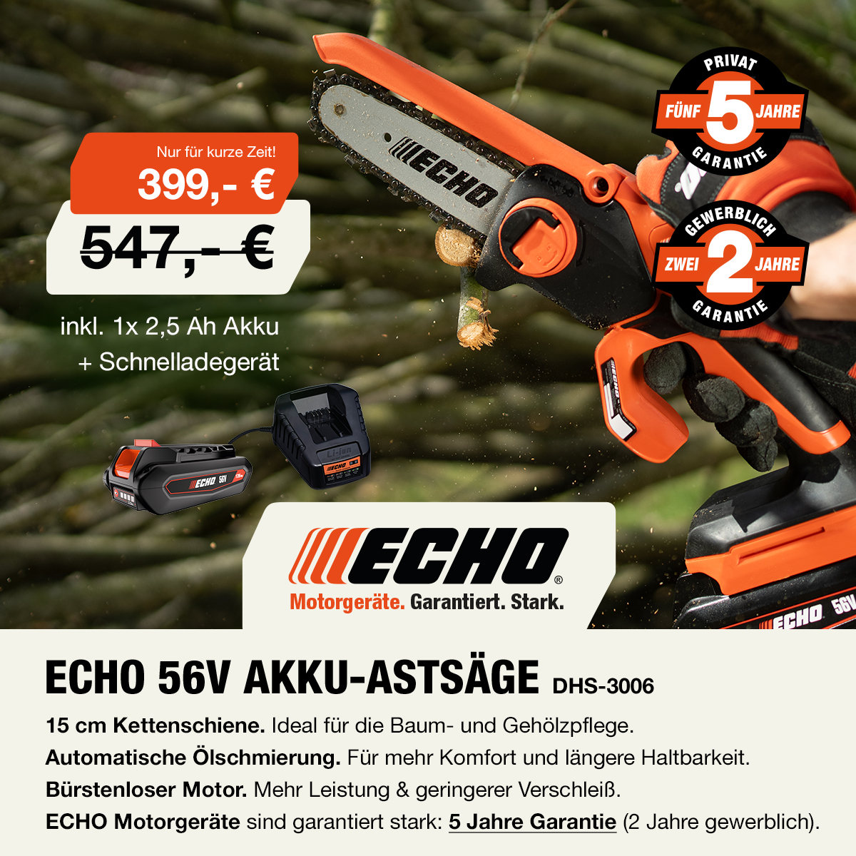 ECHO Motorgeräte Facebook ad: 56V Akku-Astsäge DHS-3006 Ideal für Baumschnitt &…