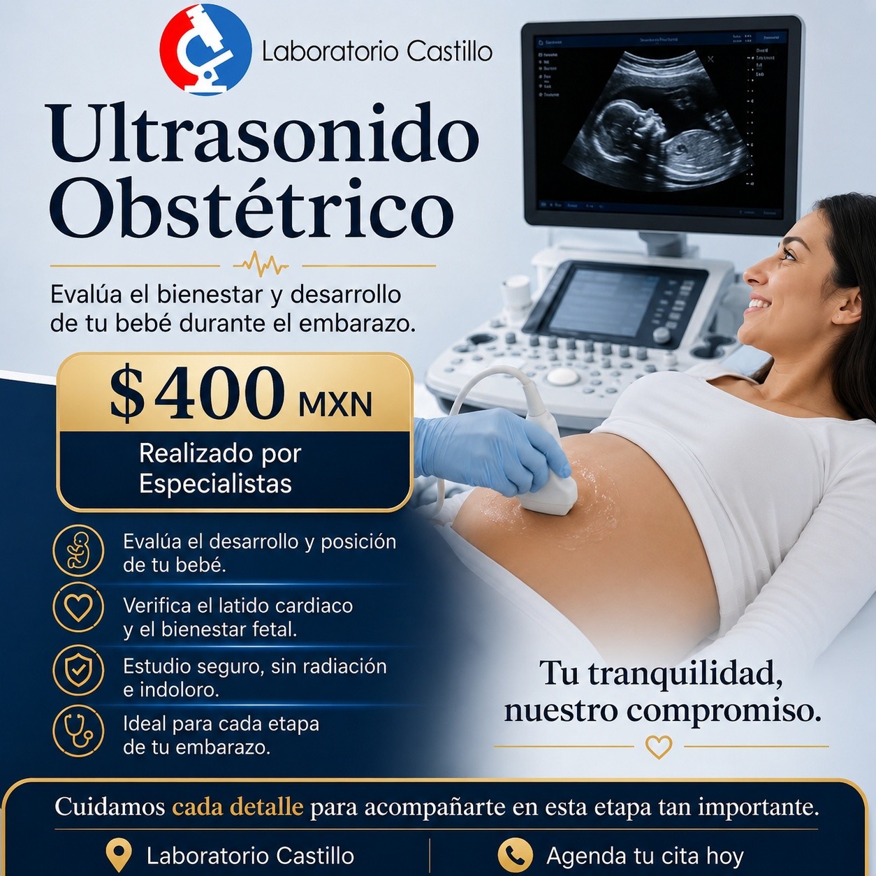 Laboratorio Castillo Facebook ad: ¡Ultrasonido Obstétrico por solo $400 MXN!
