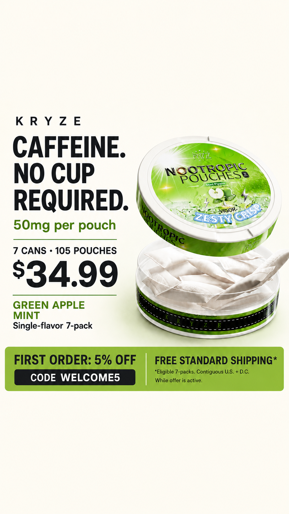 Kryze Facebook ad: 7 Cans. 105 Pouches. $34.99.