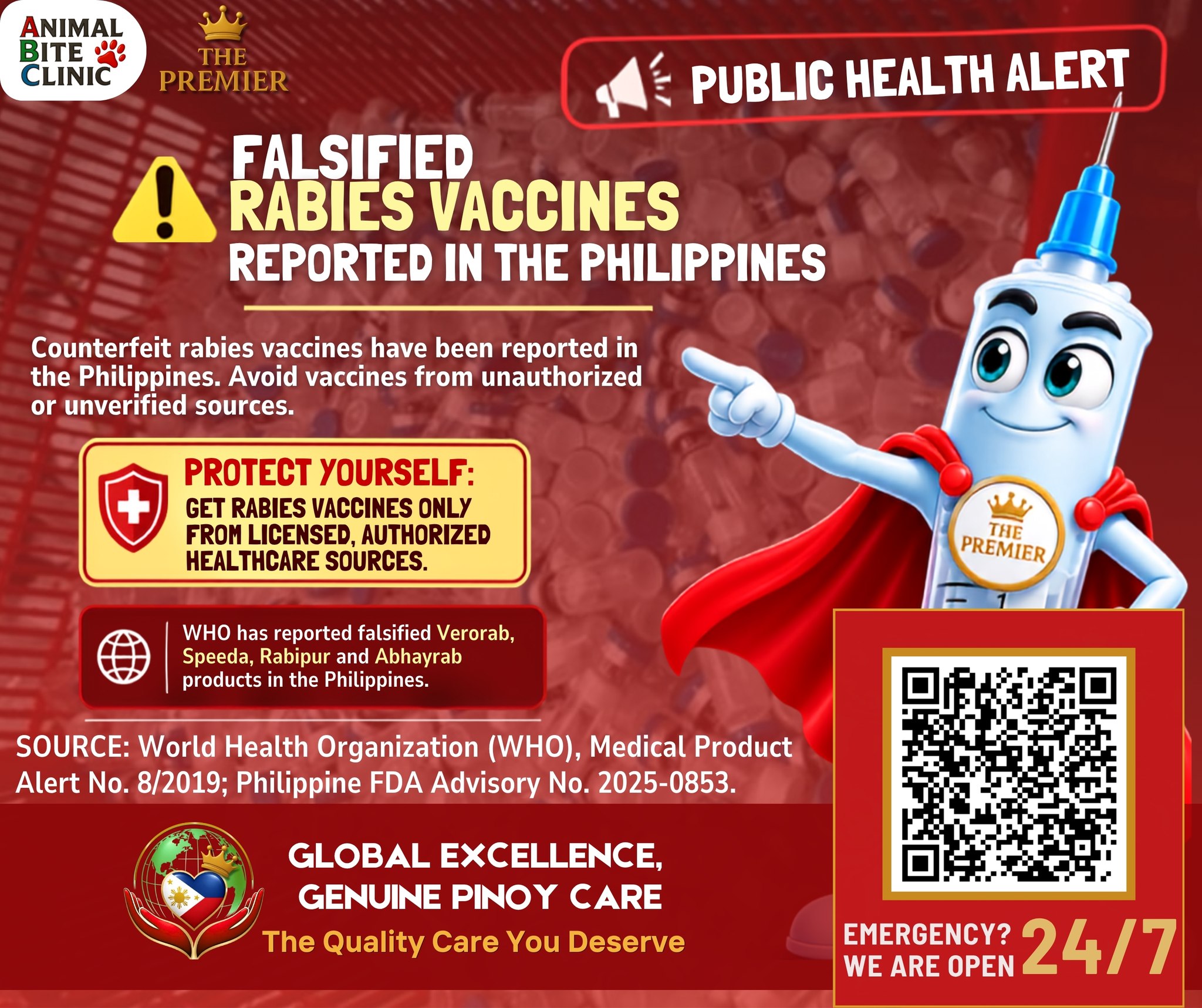 The Premier Animal Bite Clinic -Lower Bicutan Facebook ad: PUBLIC HEALTH ALERT: MAG-INGAT SA FALSIFIED RABIES VACCINES!