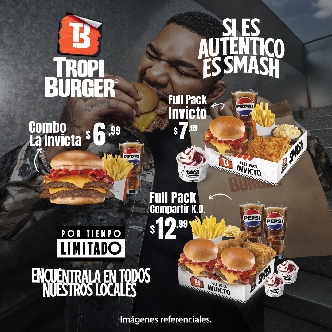 TropiBurger Facebook ad: En todos los locales: Combo Invicta Doble Smash…