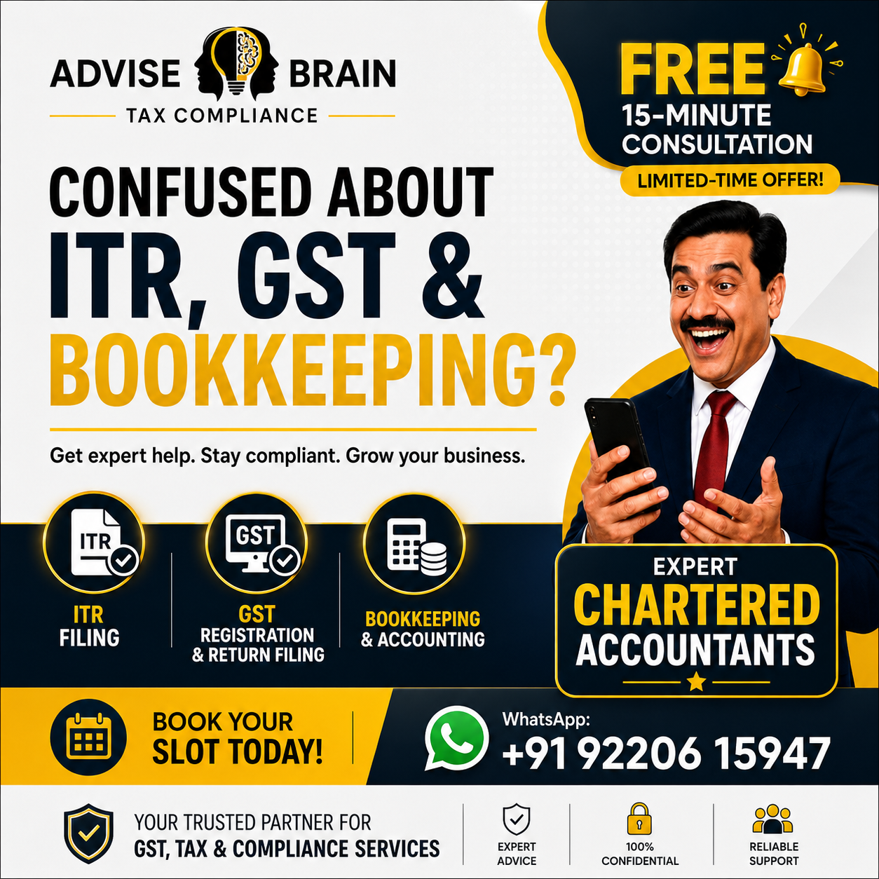 Advise Brain Pvt. Ltd. Facebook ad: Expert Chartered Accountants | Free Consultation